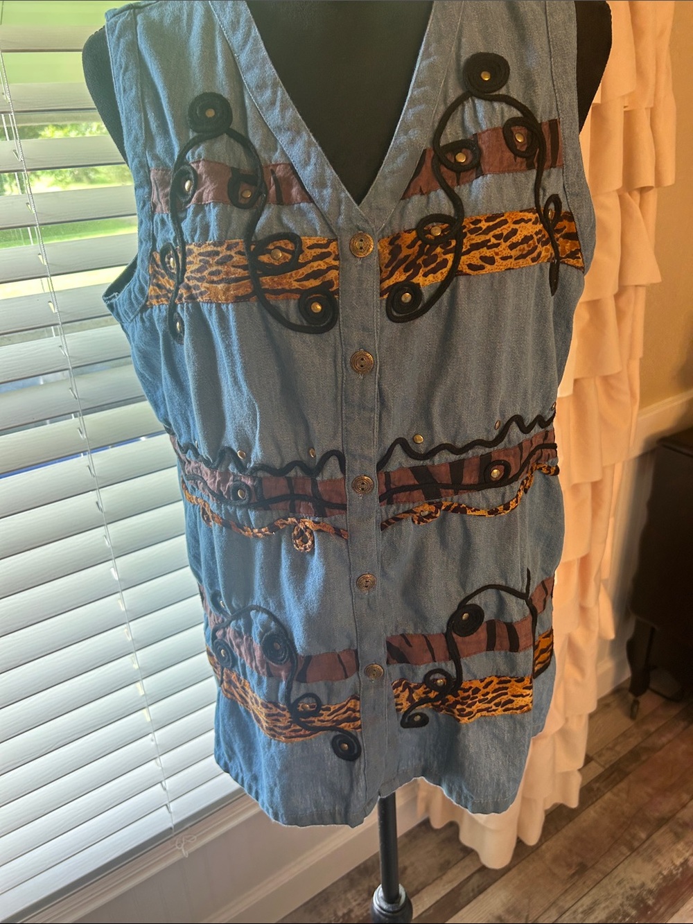 Women's Blue Embroidered Denim Vest with Animal-Print Accents